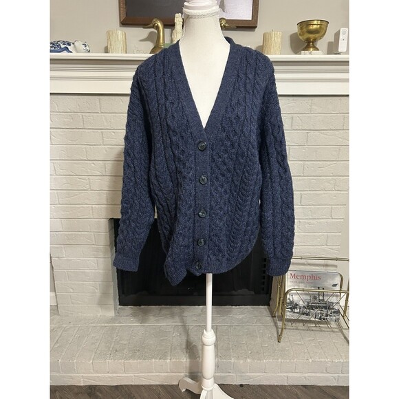 Vtg LL Bean Wool Fisherman Cardigan Sweater Women’s  Medium Blue Knit Ireland - Picture 1 of 6